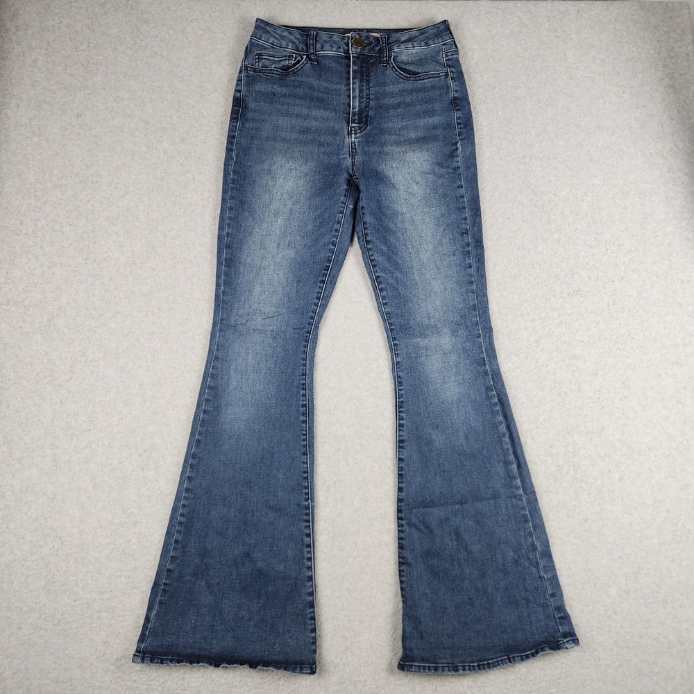 SO Flare Jeans Womens 7/28 Blue Denim Whiskered High Rise Boho Streetwear Grunge